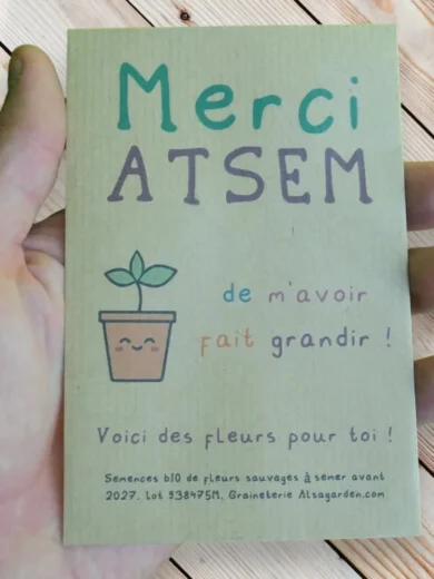 Carte de vœux à semer "Merci ATSEM" (Jeune pousse) - Graines de Fleurs sauvages