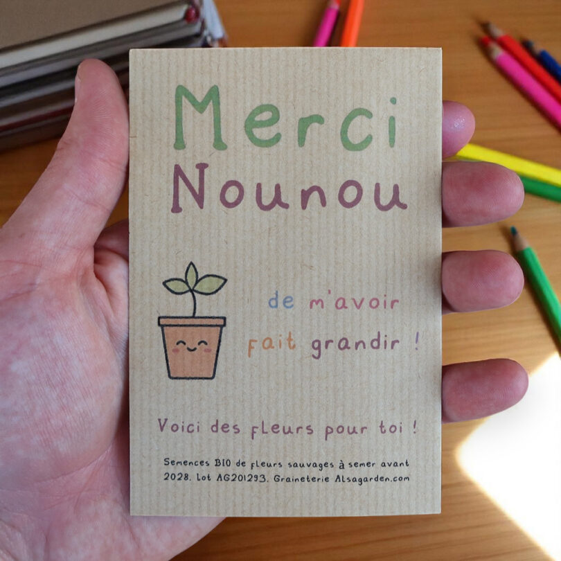 Carte de vœux à semer "Merci Nounou" (Jeune pousse) - Graines de Fleurs sauvages