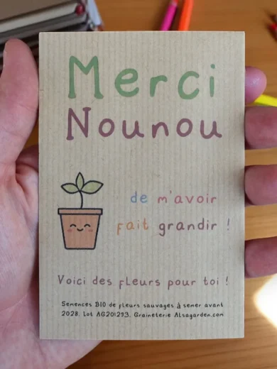 Carte de vœux à semer "Merci Nounou" (Jeune pousse) - Graines de Fleurs sauvages