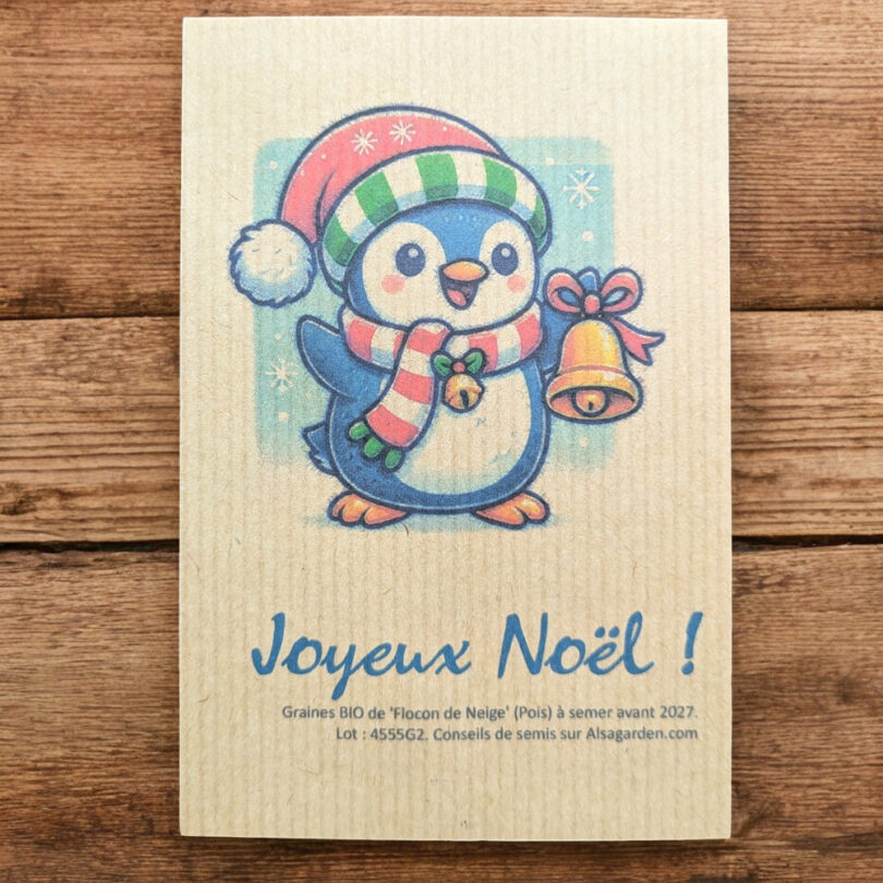 Carte de vœux à semer "Joyeux Noël" (Pingouin) - Graines de 'Flocon de Neige' – Image 2